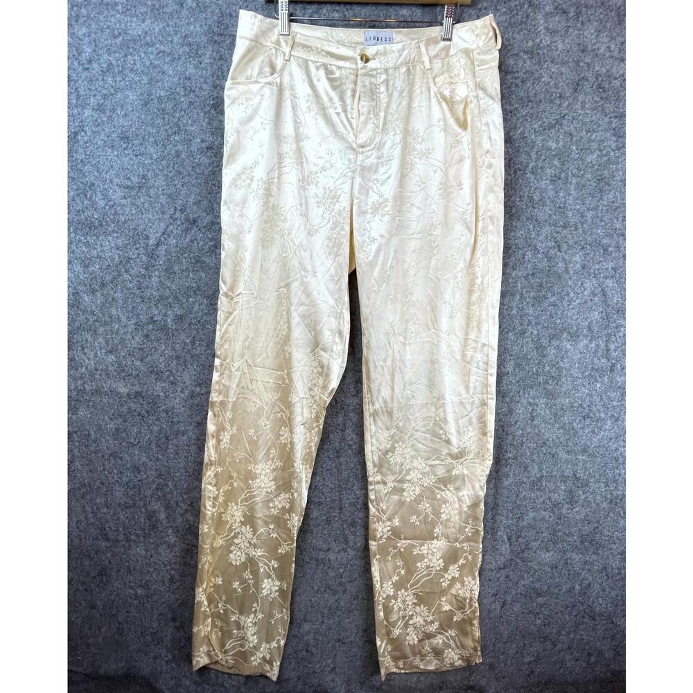 Lioness Pants Womens XL Ivory Satin Straight Y2K Glam Luxe Jacquard Silky‎ Chic